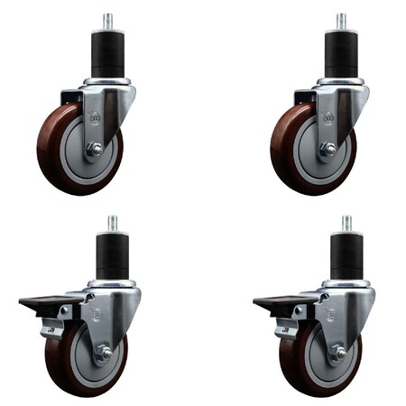 Service Caster 4'' Maroon Poly Wheel Swivel 1-3/4'' Expanding Stem Caster Set 2 Brakes, 4PK SCC-EX20S414-PPUB-MRN-2-PLB-2-134